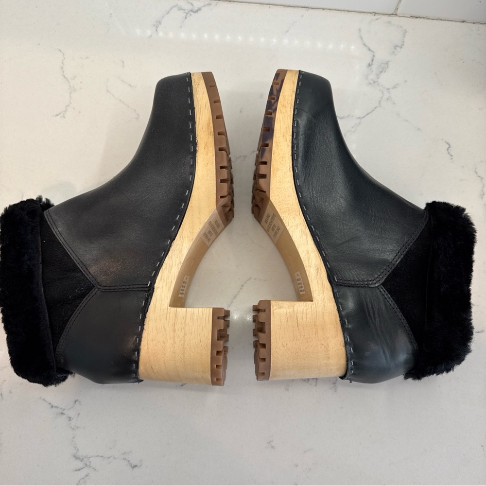 New MIA Clogs ‘Josi’ Women's Black Leather Boots with Sheep Fur Lining wood heel - Picture 7 of 11